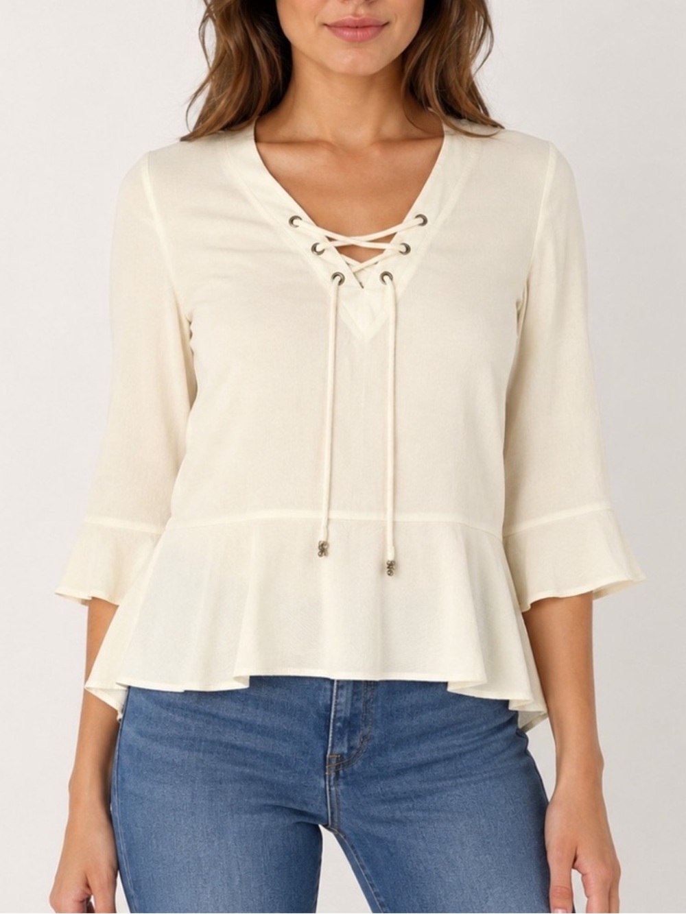 Frye Women’s Boho Lace-Up Sheer Ruffle Cream Top Size Large